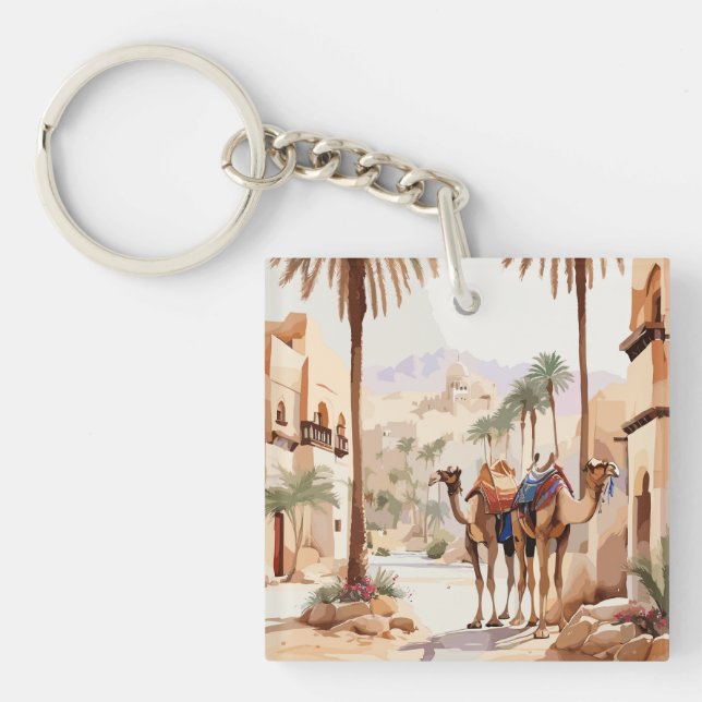 Dromedary camel and the desert village of Al Jazee Key Ring (Front)