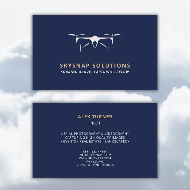 Drone Business UAV Pilot Modern Navy Blue Business Card (Creator Uploaded)