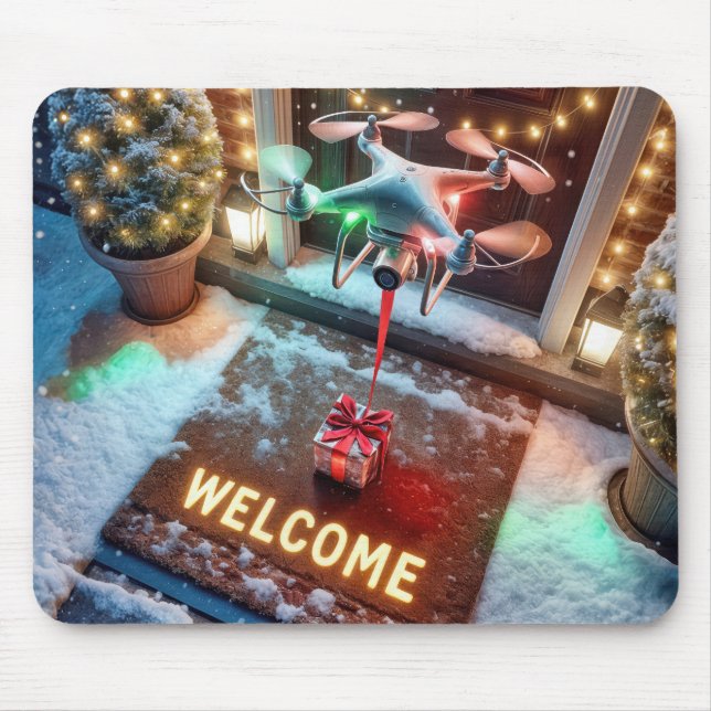 Drone Delivering a Christmas Gift Mouse Mat (Front)