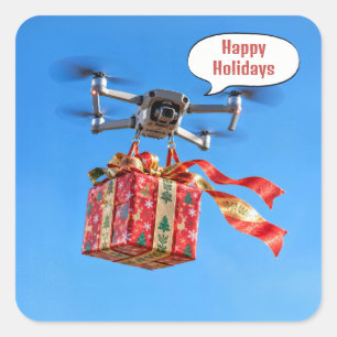 Drone Delivering a Christmas Gift Square Sticker