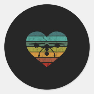 Drone In Retro Vintage Sunset Heart Classic Round Sticker