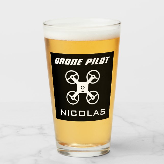 Drone pilot beer glass gift with custom name (Front Filled)