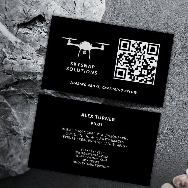 Drone Pilot Photography Custom QR Code Logo Black Business Card (Drone logo can be replaced with your business logo or kept as is.)