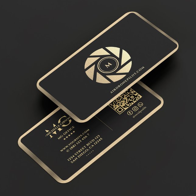 Drone Pilot Professional Elegant Black Gold Lens  Business Card (Drone Pilot Professional Elegant Black Gold Lens Business Card
)
