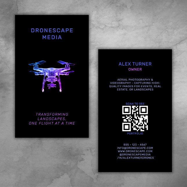 Drone Pilot UAV Photography QR Code Modern Black  Business Card (Creator Uploaded)