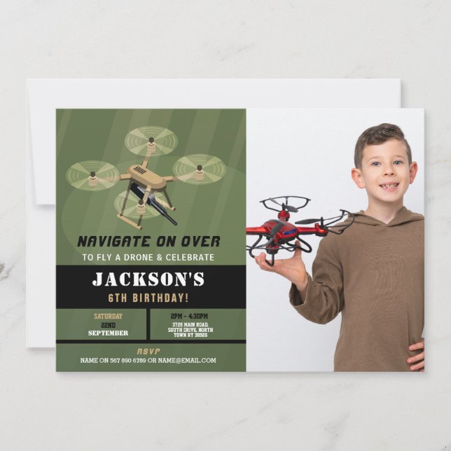 Drones Flying Birthday Army Camo Photo Invitation (Front)