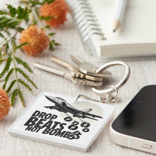 Drop Beats Not Bombs Fighter Jet Vinyl Key Ring (Front Right)
