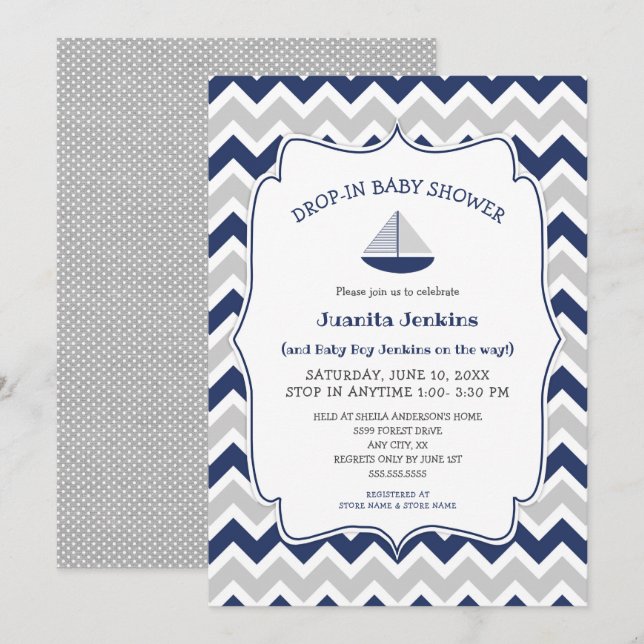 Drop in sailboat boy baby shower invitation (Front/Back)