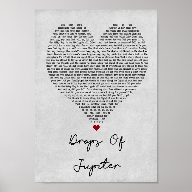 Drops Of Jupiter Grey Heart Song Lyric Print (Front)
