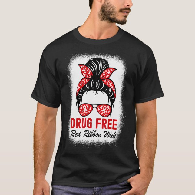 Drug Free Red Ribbon Week Awareness Cute Bleached  T-Shirt (Front)