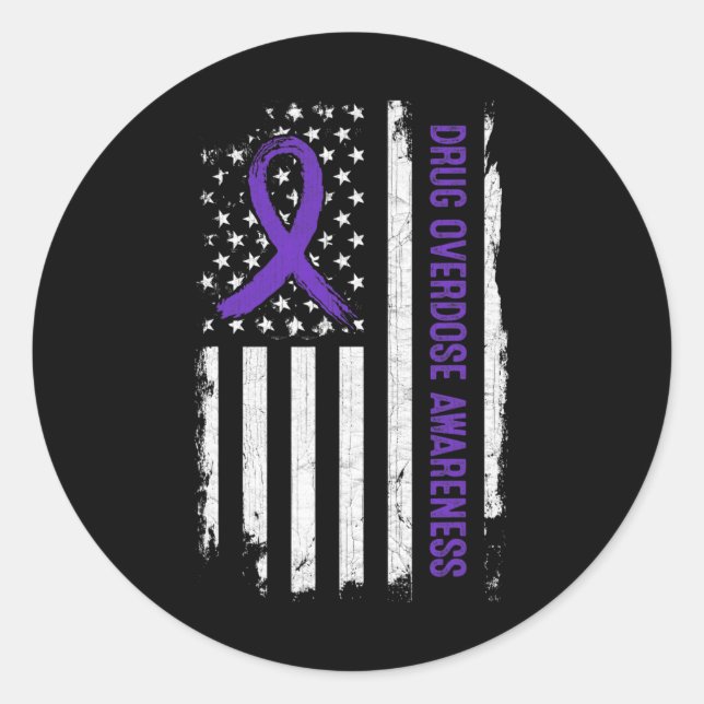 Drug Overdose Awareness American Flag - Purple Rib Classic Round Sticker (Front)