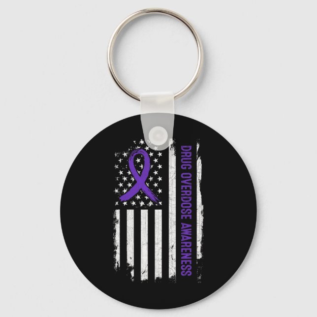 Drug Overdose Awareness American Flag - Purple Rib Key Ring (Front)