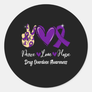Drug Overdose Awareness Peace Love Hope Purple Rib Classic Round Sticker