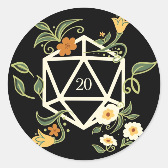 Druid D20 Dice Plants and Flowers Classic Round Sticker (Front)