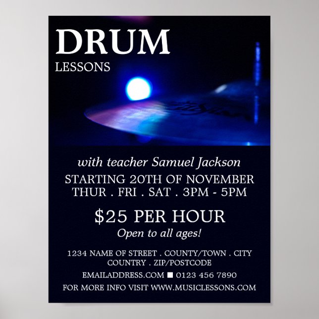 Drum Cymbal, Drum Lessons Advertising Poster (Front)
