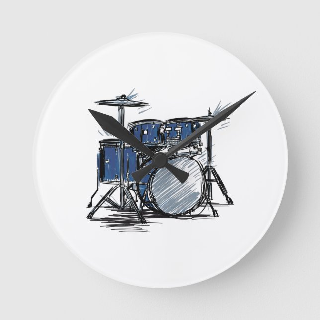 Drum Kit Sketch Music Round Clock (Front)