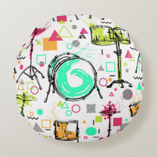 Drum Kit: Watercolor Memphis Retro. Round Cushion