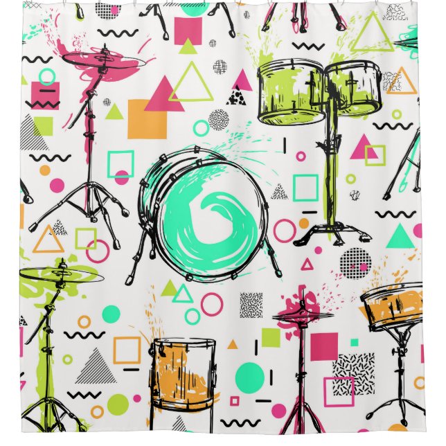 Drum Kit: Watercolor Memphis Retro. Shower Curtain (Front)
