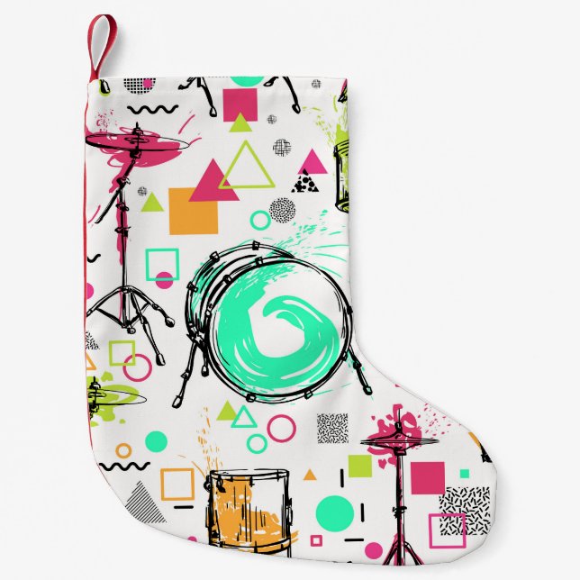 Drum Kit: Watercolor Memphis Retro. Small Christmas Stocking (Front)