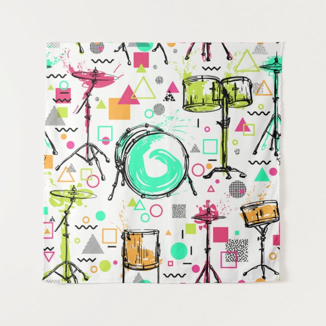 Drum Kit: Watercolor Memphis Retro. Tapestry (Front)