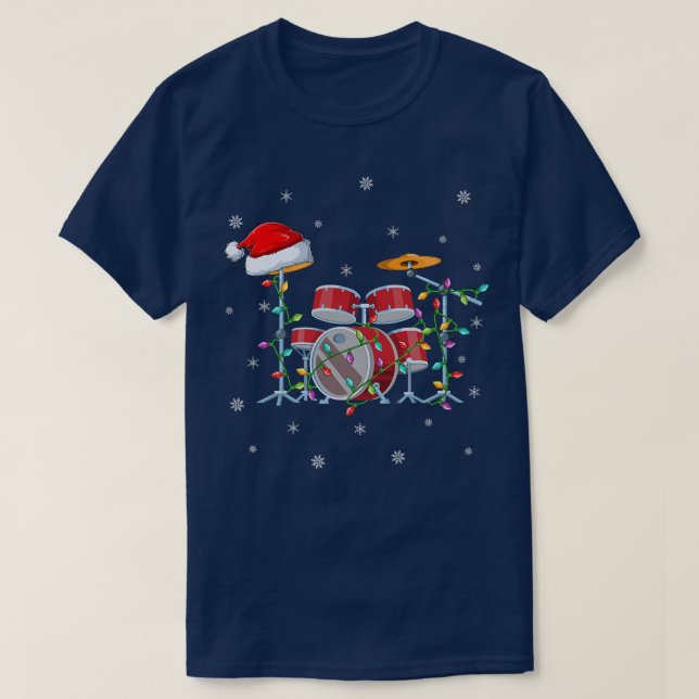 Drum Music Lover Xmas Lights Santa Drum Christmas  T-Shirt (Design Front)
