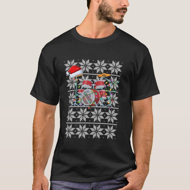 Drum Musical Christmas Lights Santa Hat Drum Ugly  T-Shirt (Front)