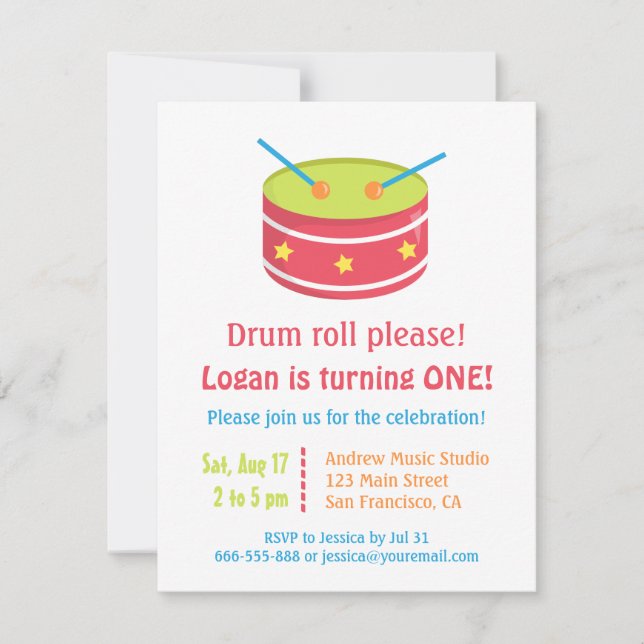 Drum Roll Boy First Birthday Party Invitations (Front)
