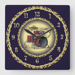 Drum Set 02 ~ Musical Scroll ~ Gold/Navy Blue  ~  Square Wall Clock