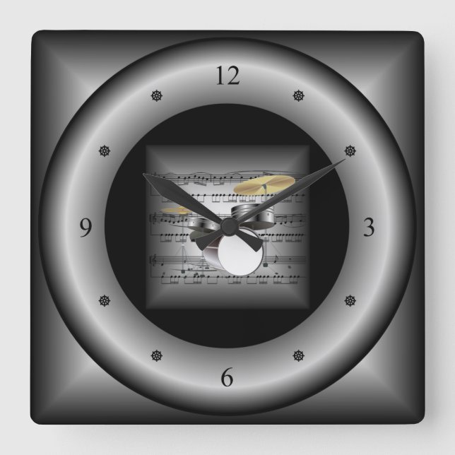 Drum Set ~ 3-D Sheet Music ~ Pillow Silver/Black ~ Square Wall Clock (Front)