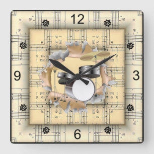 Drum Set ~ Breaking Through Strange Sheet Music ~  Square Wall Clock