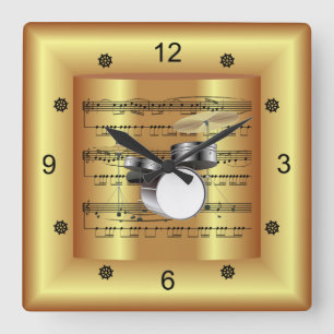 Drum Set ~ Curved Sheet Music ~ Gold Background Square Wall Clock