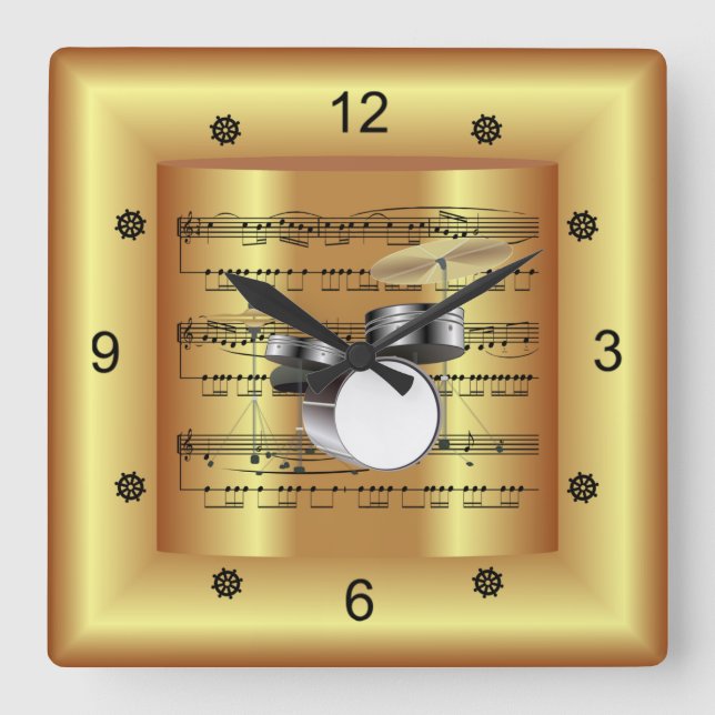Drum Set   ~ Curved Sheet Music ~ Gold Background  Square Wall Clock (Front)
