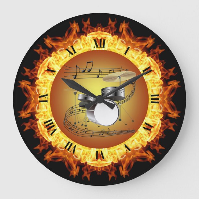 Drum Set ~ Fire Creation #3 ~ Out Of The Crucible~ Large Clock (Front)