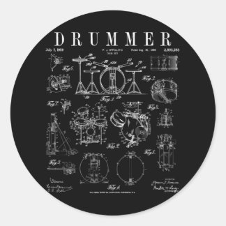 Drum Set Kit Vintage Patent Drummer Drawing Print Classic Round Sticker