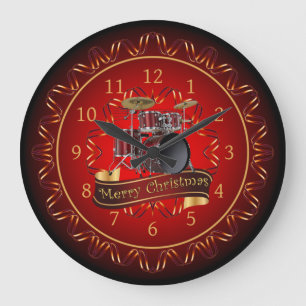 Drum Set, Merry Christmas, Maroon & Black ~ Large Clock