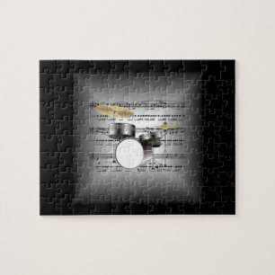 Drum Set On 3-D Sheet Music Pillow Silver & Black Jigsaw Puzzle