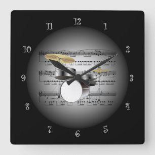 Drum Set On 3-D Sheet Music ~ Silver & Black Back Square Wall Clock