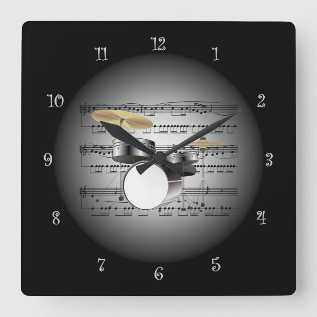 Drum Set On 3-D Sheet Music ~ Silver & Black Back Square Wall Clock (Front)