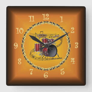 Drum Set On Musical Scroll & Russet Orange ~ Square Wall Clock