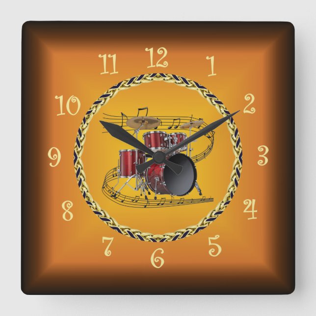 Drum Set On Musical Scroll & Russet Orange ~ Square Wall Clock (Front)