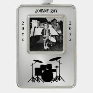 Drum Set Personal Photo Name Year Silver Plated Framed Ornament