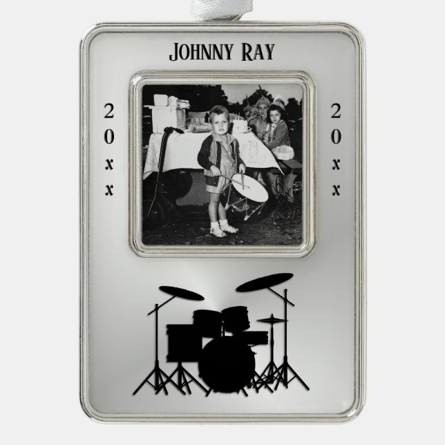 Drum Set Personal Photo Name Year Silver Plated Framed Ornament (Front)