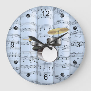Drum Set~Rolled Sheet Music~Blue Tint Background Large Clock