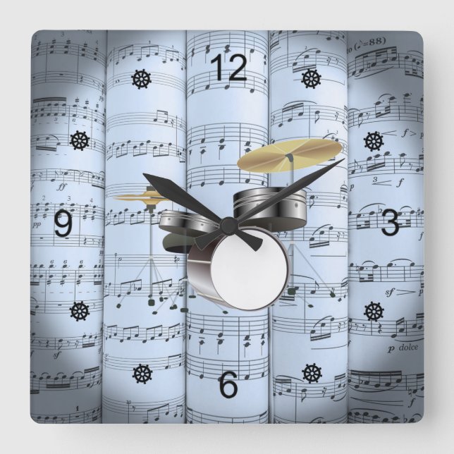 Drum Set~Rolled Sheet Music~Blue Tint Background Square Wall Clock (Front)