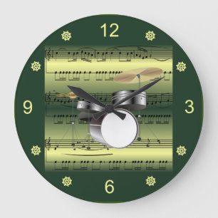 Drum Set~Rolled Sheet Music~Gold/Green Background  Large Clock