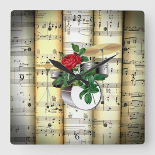 Drum Set & Rose ~ Rolled Sheet Music ~ Great Gift~ Square Wall Clock