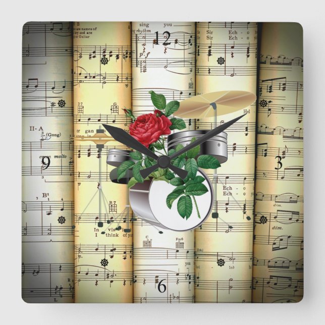 Drum Set & Rose ~ Rolled Sheet Music ~ Great Gift~ Square Wall Clock (Front)