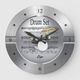 Drum Set ~ Sheet Music ~ Brushed Silver Colour ~ Large Clock