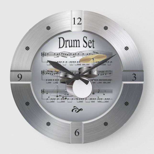 Drum Set ~ Sheet Music ~ Brushed Silver Colour ~ Large Clock (Front)