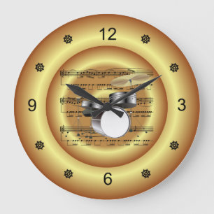 Drum Set ~ Sheet Music ~ Gold Background ~ Large Clock